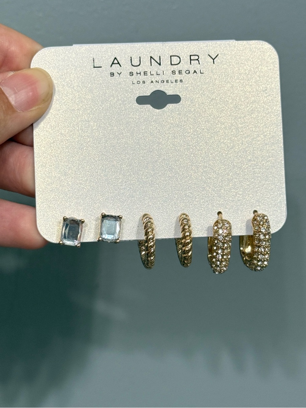 LAUNDRY by Shelli Segal 3 Pair Gold Tone Crystal Stud & Pave Hoop Earrings Set